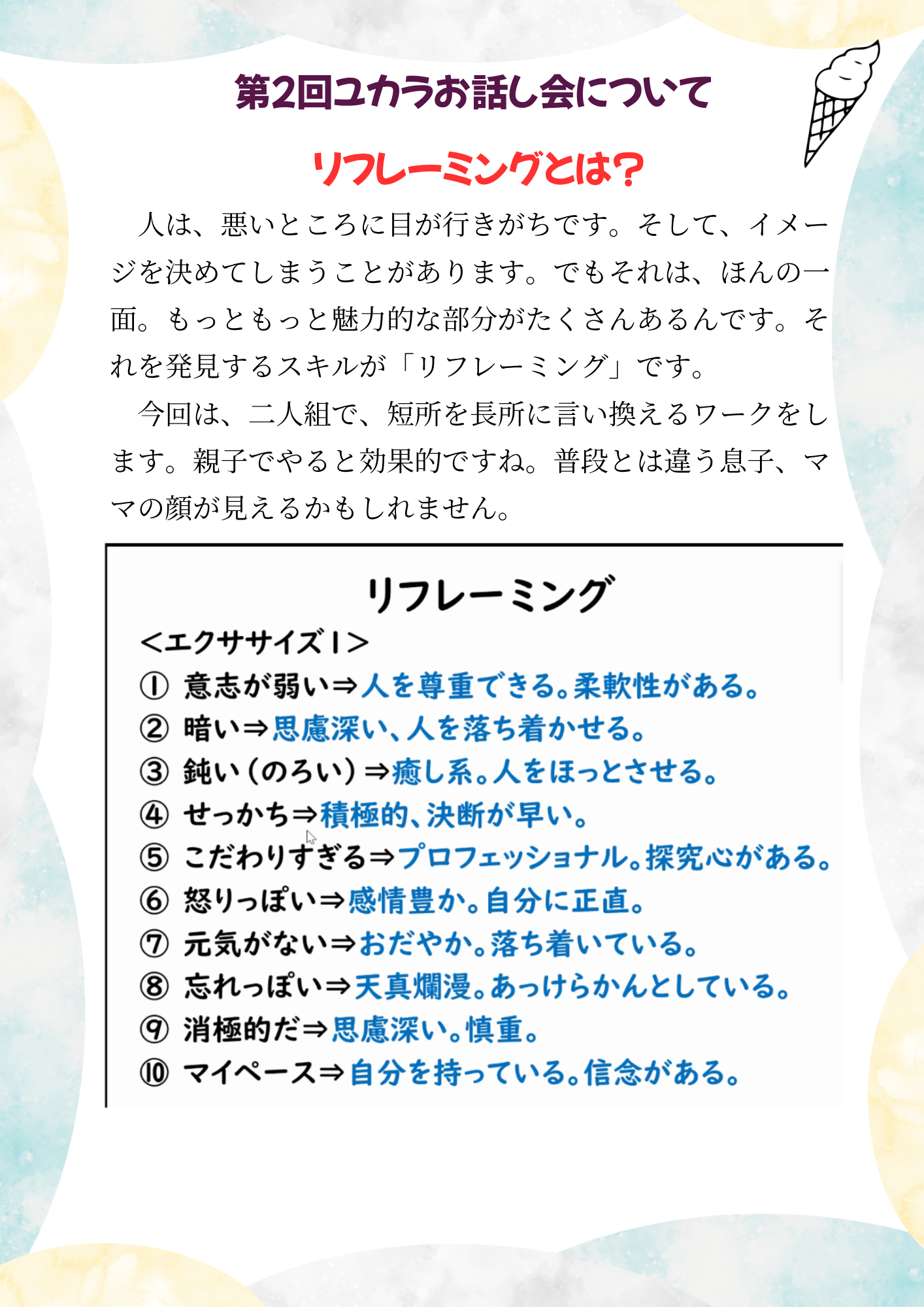 ユカラ第2回お話し会　
　相手も自分も楽しくなる会話術

