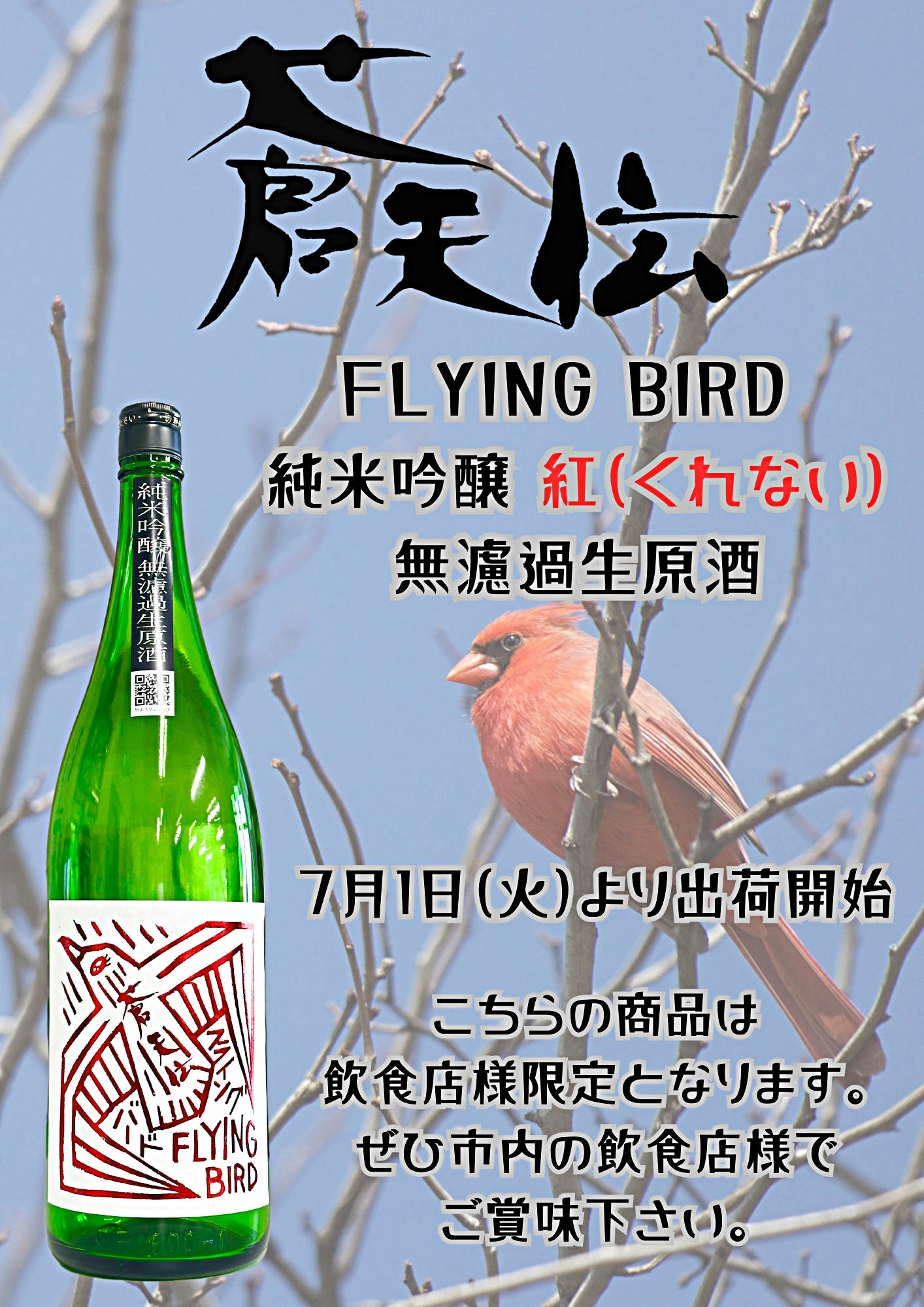 【飲食店様限定！！】蒼天伝 FLYING BIRD 純米吟醸 紅(くれない) 無濾過生原酒 発売！！