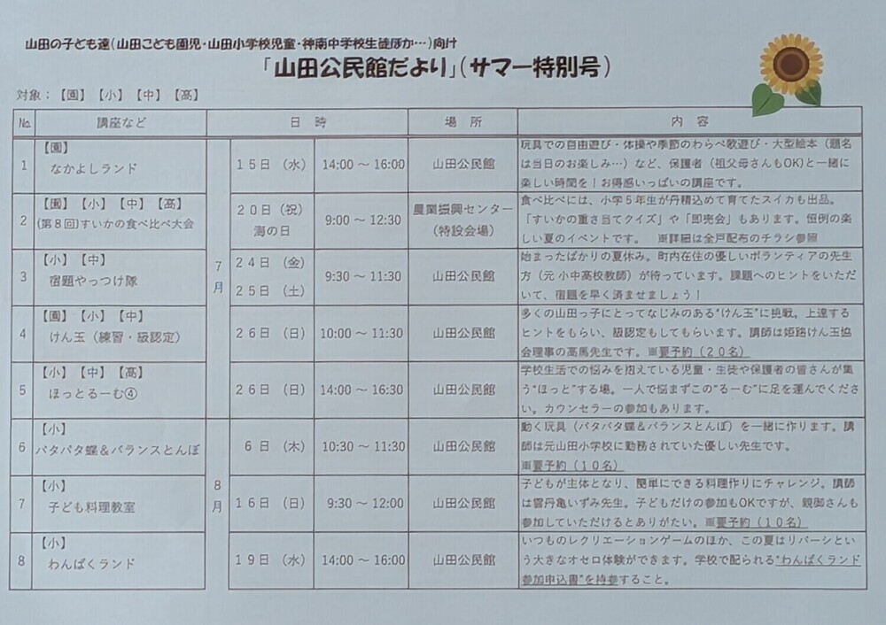 山田っ子向けの「山田公民館サマー特別号」