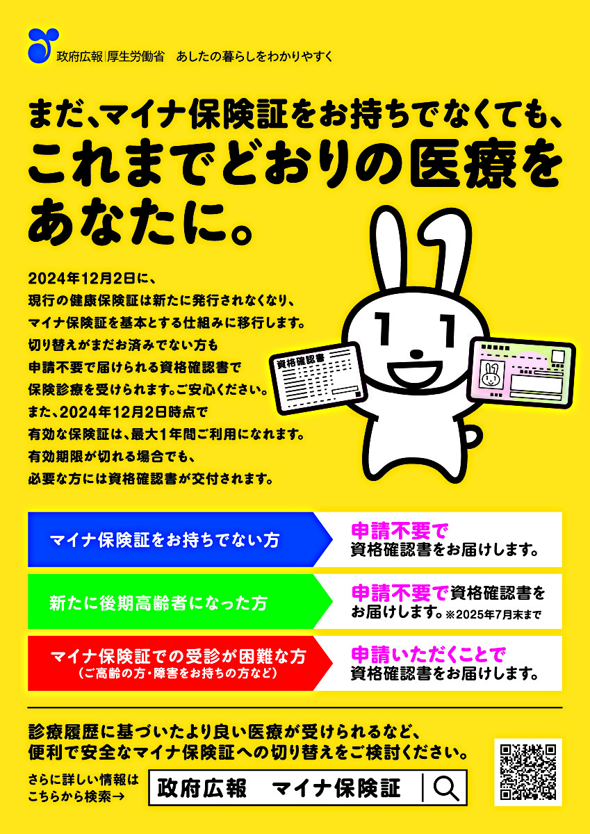 まだ、マイナ保険証をおもちでなくても、これまでどおりの医療をあなたに。　政府広報