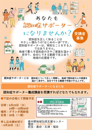 認知症サポーター養成講座
（主催：南中野地域包括センター　０３－５３４０－７８８５）